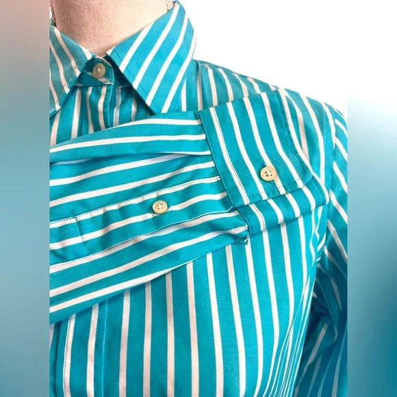 Lauren Ralph Lauren Non-Iron Blue White Striped Button Down Shirt Women’s Small - Picture 6 of 8